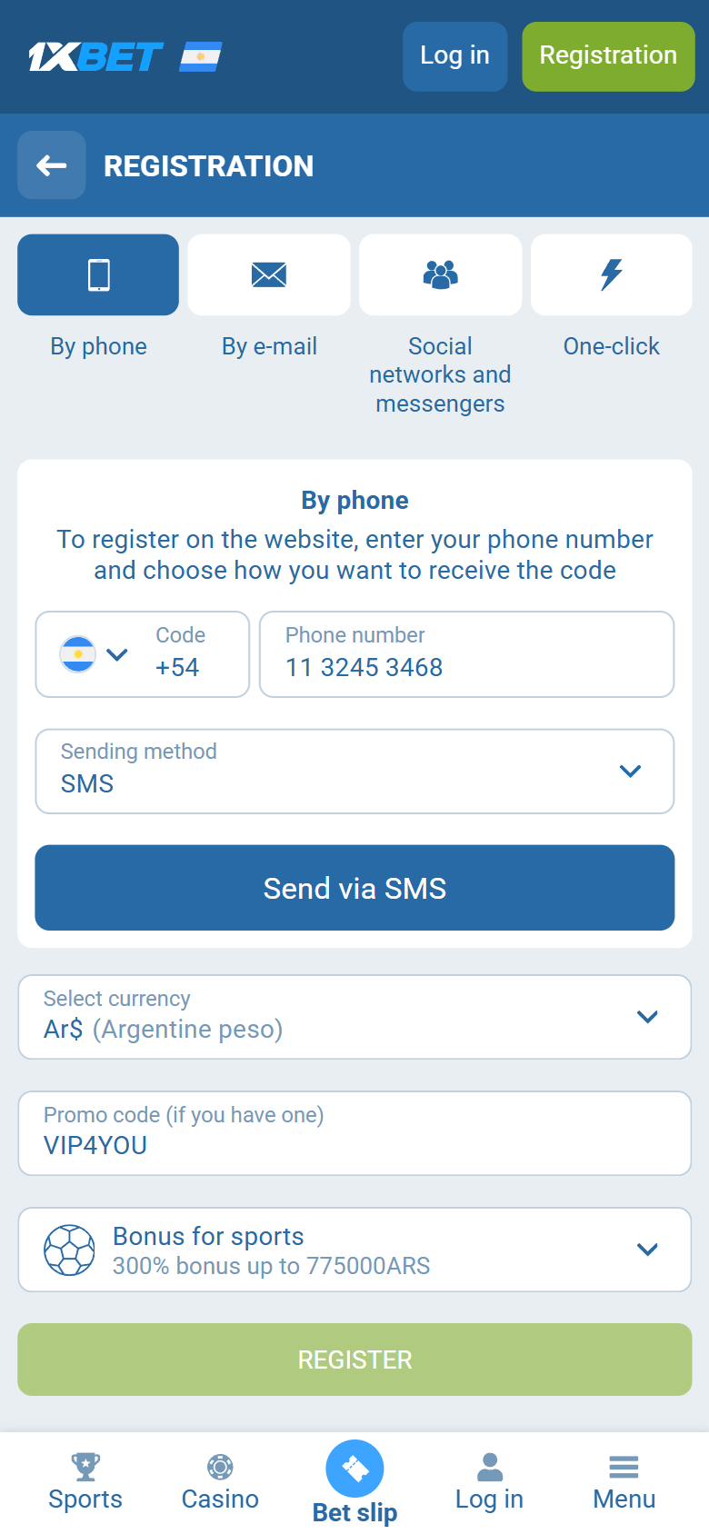 1xBet promo code Argentina VIP4YOU — Argentina registration By phone +54 ARS 300% bonus up to 775000 ARS REGISTER