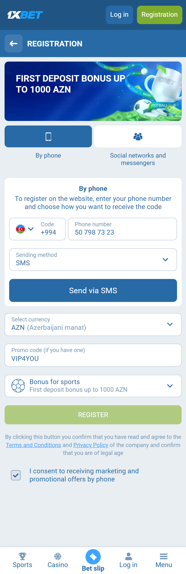 1xBet Azerbaijan registration — By phone +994, AZN, VIP4YOU in the promo box, first deposit bonus up to 1000 AZN, REGISTER 1xBet Azerbaijan registration — By phone +994, AZN, VIP4YOU in the promo box, first deposit bonus up to 1000 AZN, REGISTER