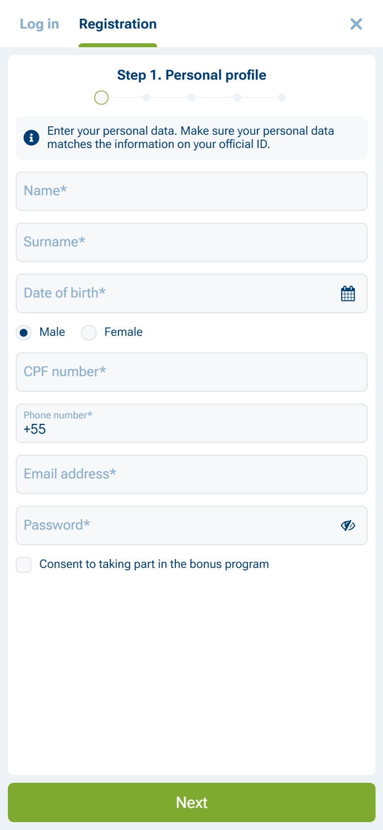 1xBet Brazil registration Step 1 — CPF phone +55 email password Next no promo field 1xBet Brazil registration Step 1 — CPF phone +55 email password Next no promo field