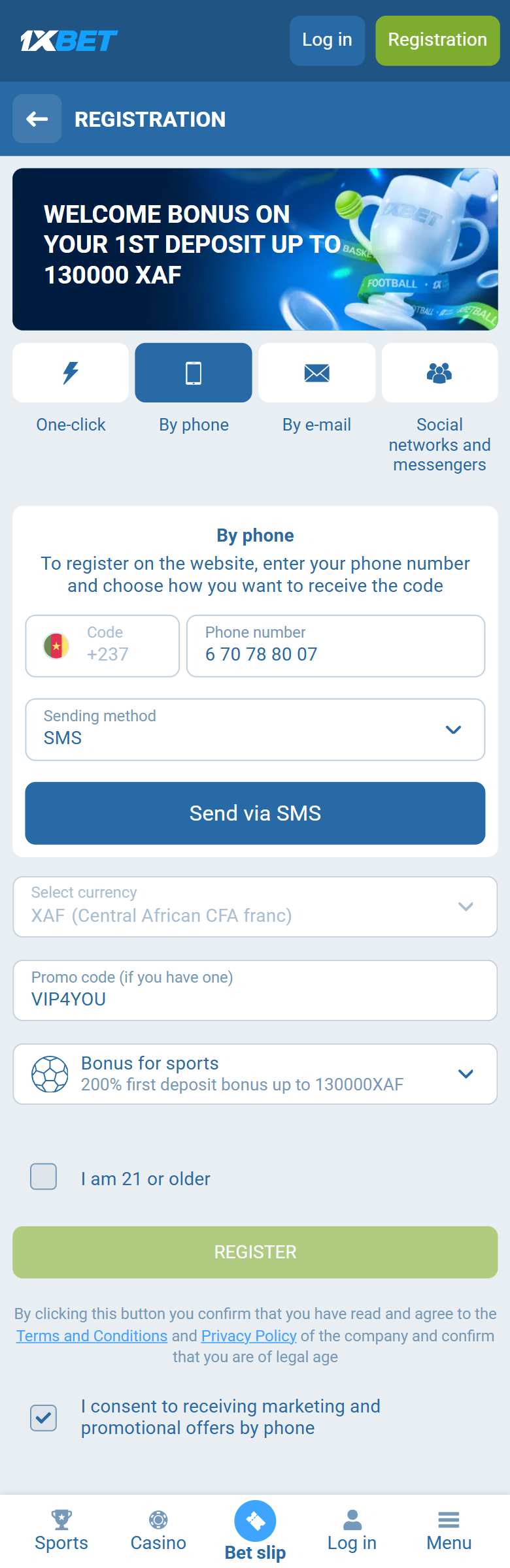 1xBet promo code Cameroon VIP4YOU — Cameroon registration By phone +237 XAF 200% first deposit bonus up to 130000 XAF REGISTER