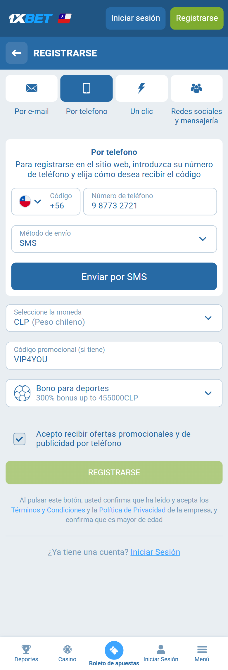 1xBet promo code Chile VIP4YOU — Chile registration Por telefono +56 CLP 300% bonus up to 455000 CLP REGISTRARSE 1xBet promo code Chile VIP4YOU — Chile registration Por telefono +56 CLP 300% bonus up to 455000 CLP REGISTRARSE