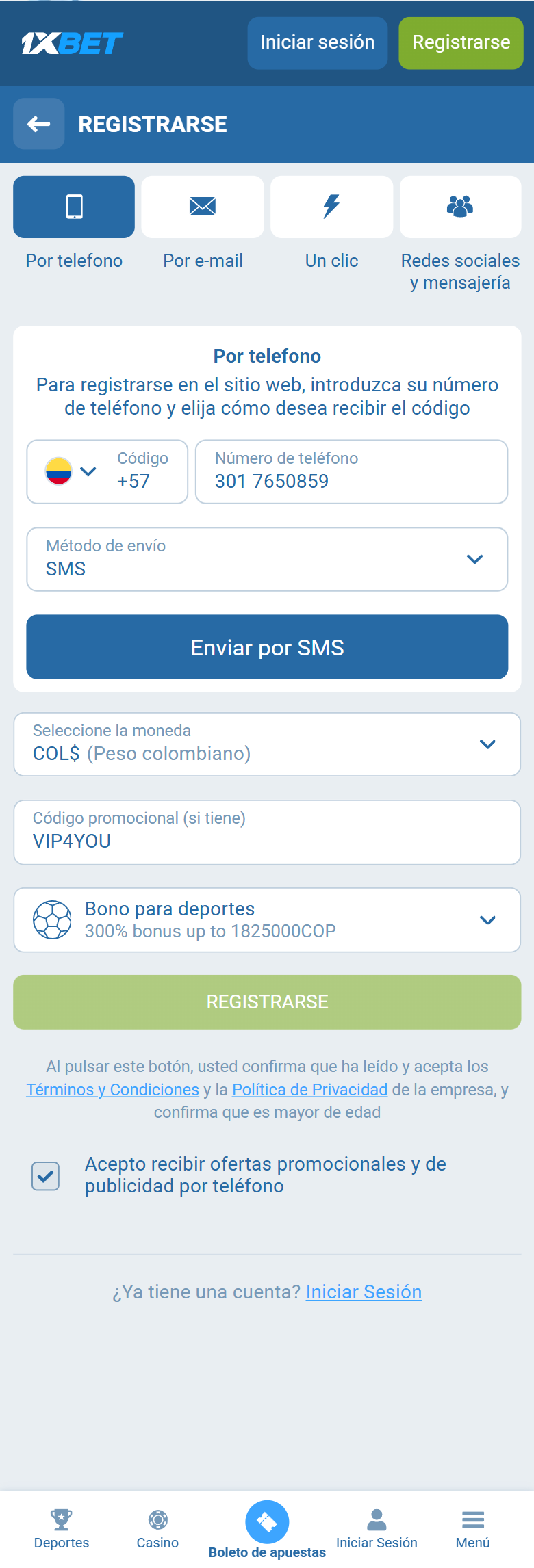 1xBet promo code Colombia VIP4YOU — Colombia registration Por telefono +57 COP 300% bonus up to 1825000 COP REGISTRARSE 1xBet promo code Colombia VIP4YOU — Colombia registration Por telefono +57 COP 300% bonus up to 1825000 COP REGISTRARSE