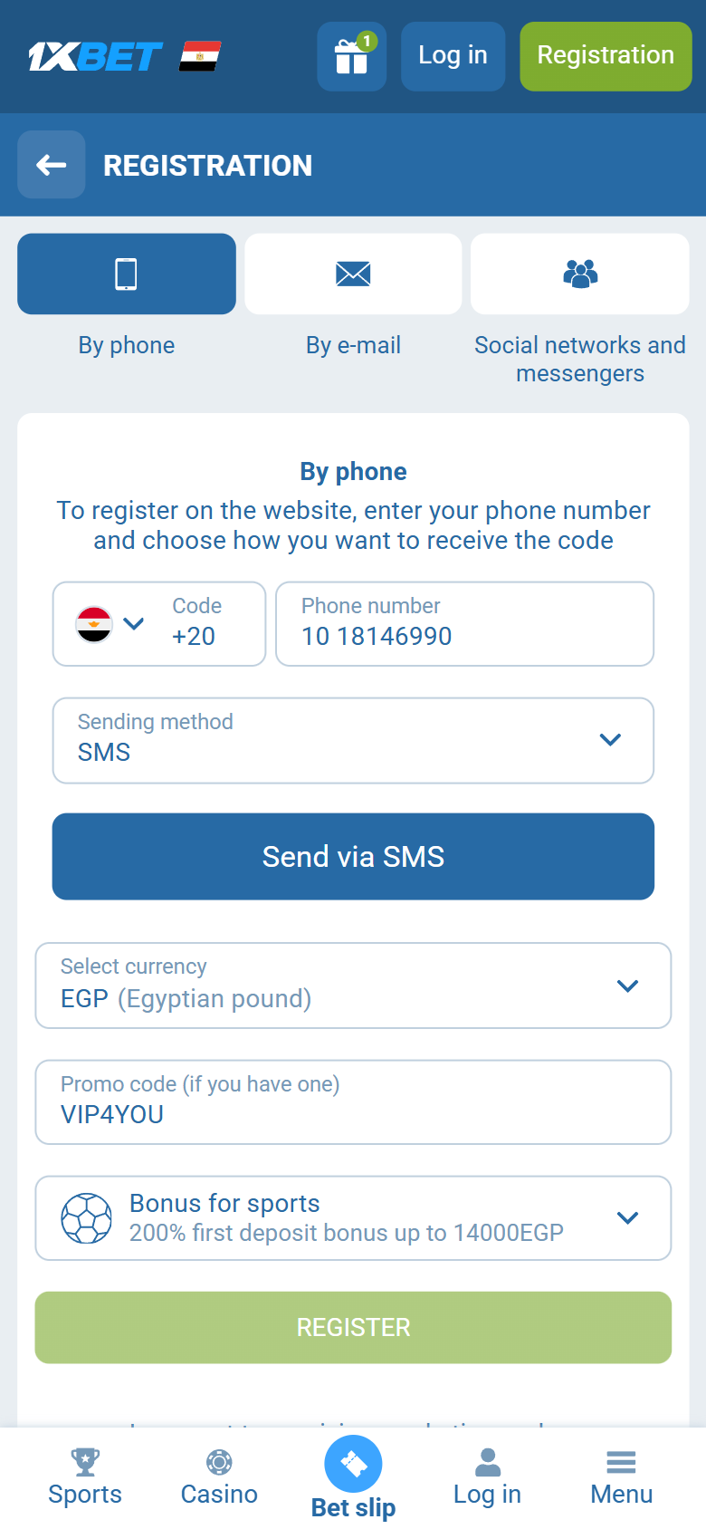 1xBet promo code Egypt VIP4YOU — Egypt registration By phone +20 EGP 200% first deposit bonus up to 14000 EGP REGISTER