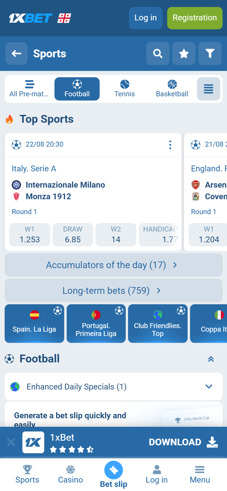 1xBet football list with match odds