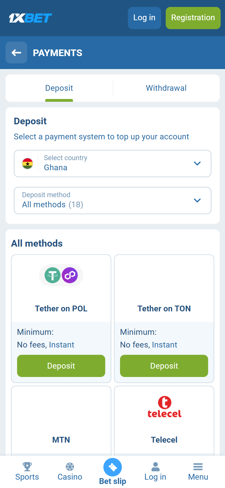 1xBet Ghana deposit — Ghana flag All methods 18 Tether MTN Telecel