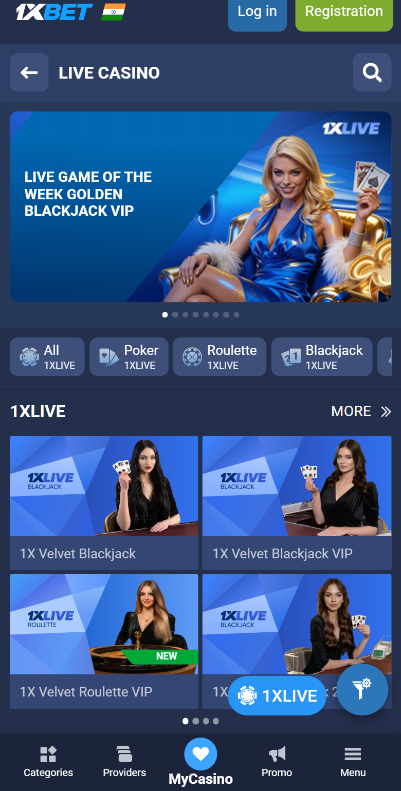 1xBet India Live Casino lobby — blackjack and game-show tiles, not crash games 1xBet India Live Casino lobby — blackjack and game-show tiles, not crash games