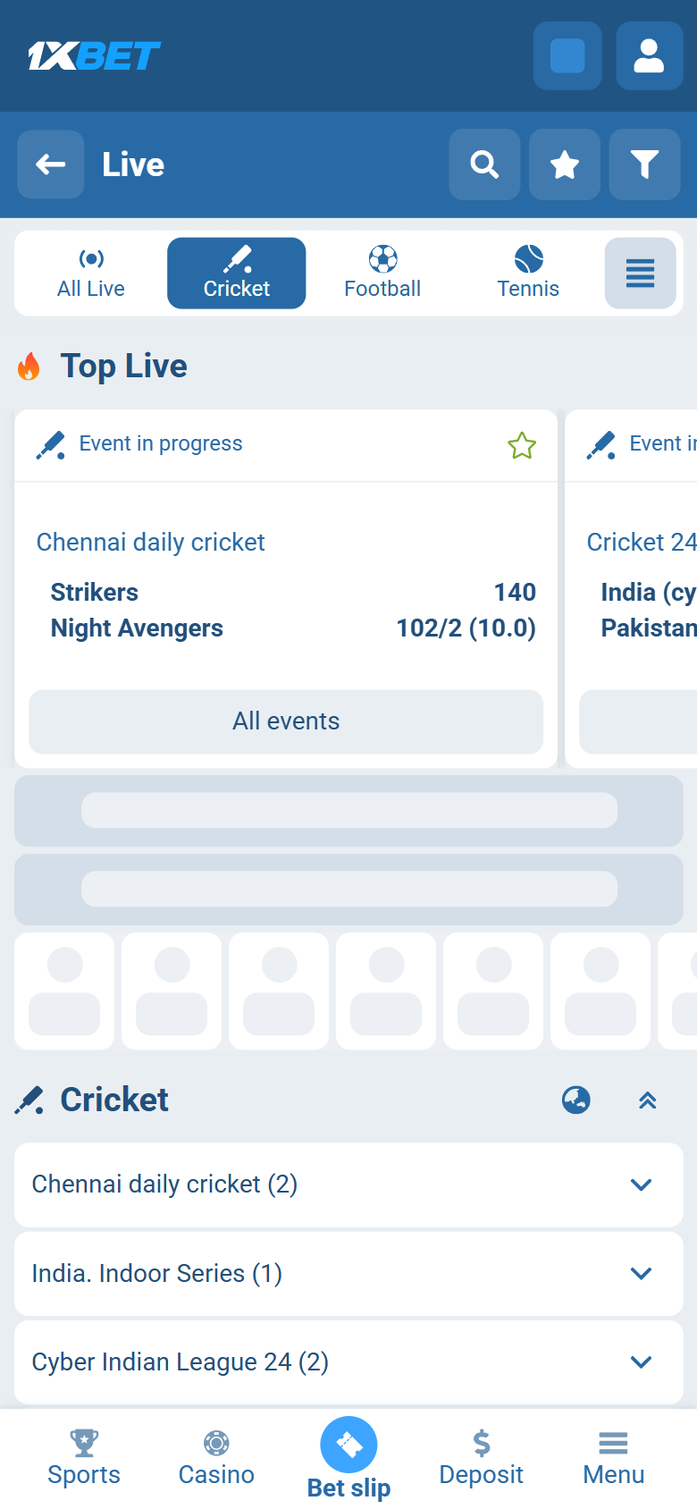 1xBet live cricket India — Live Cricket Chennai daily cricket Strikers Night Avengers Deposit