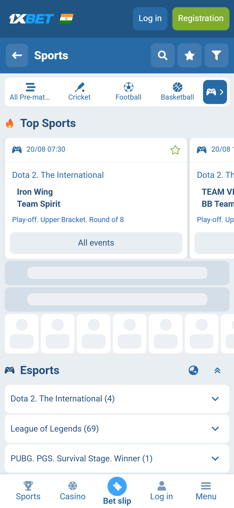 1xBet India esports tab showing Dota 2 The International Iron Wing vs Team Spirit, with LoL and PUBG also listed 1xBet India esports tab showing Dota 2 The International Iron Wing vs Team Spirit, with LoL and PUBG also listed
