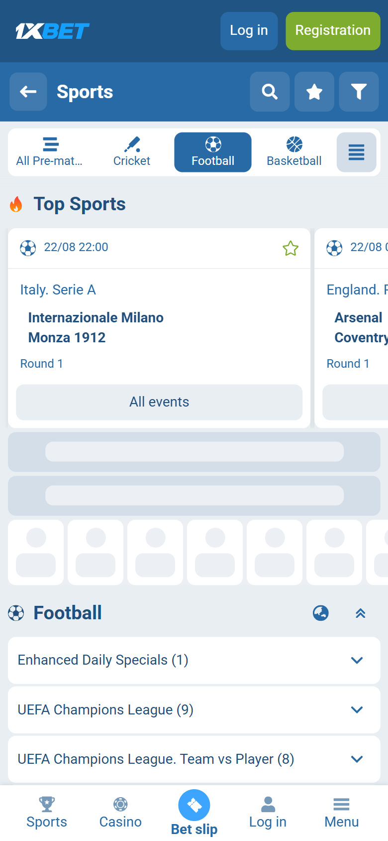 1xBet football matches used as Express-bonus accumulator legs