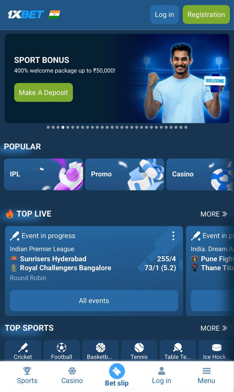 Real screenshot of the 1xBet India homepage with the green Registration button in the top-right and a SPORT BONUS banner reading "400% welcome package up to ₹70,000".