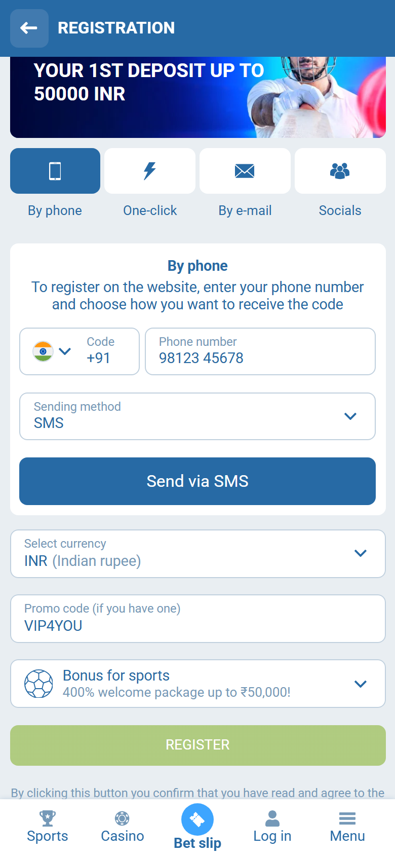 1xBet promo code VIP4YOU — registration form promo field highlighted before REGISTER 1xBet promo code VIP4YOU — registration form promo field highlighted before REGISTER
