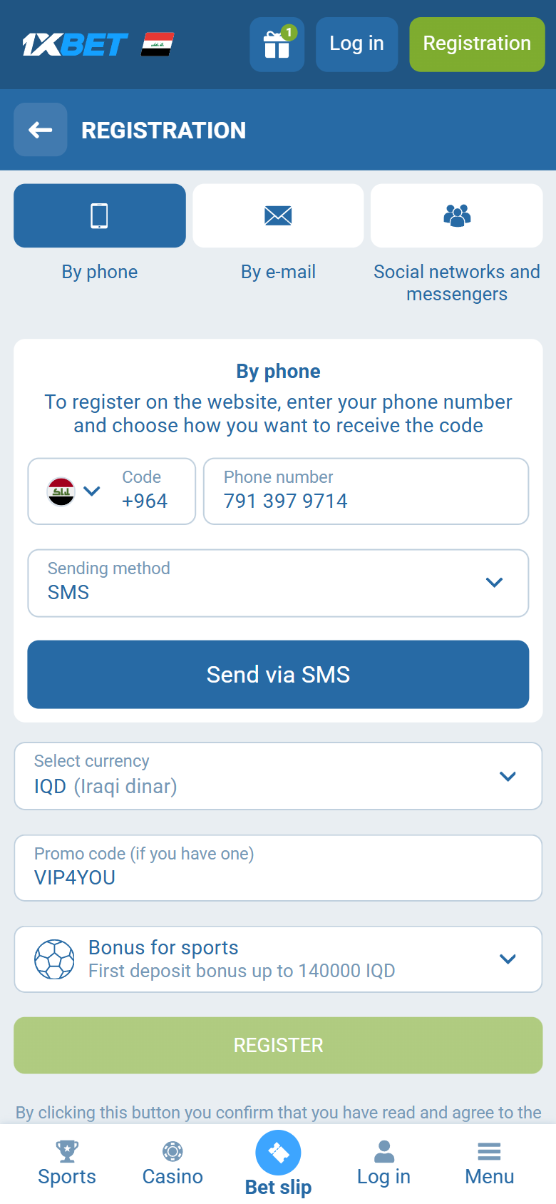 1xBet promo code Iraq VIP4YOU — Iraq registration By phone +964 IQD first deposit bonus up to 140000 IQD REGISTER