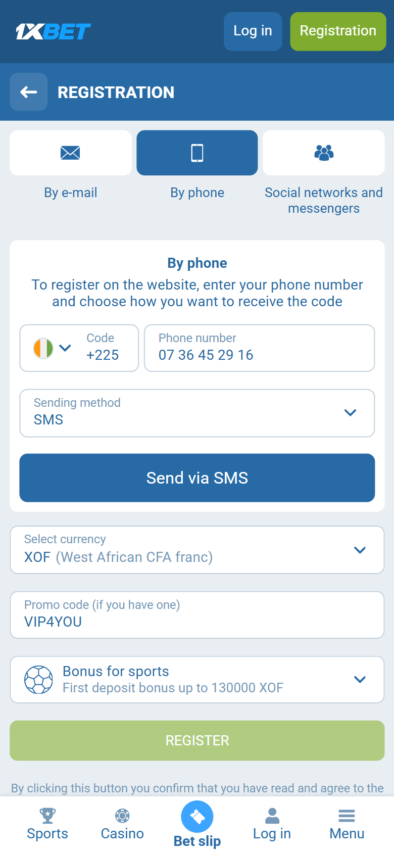 1xBet promo code Ivory Coast VIP4YOU — Côte d’Ivoire registration By phone +225 XOF first deposit bonus up to 130000 XOF REGISTER