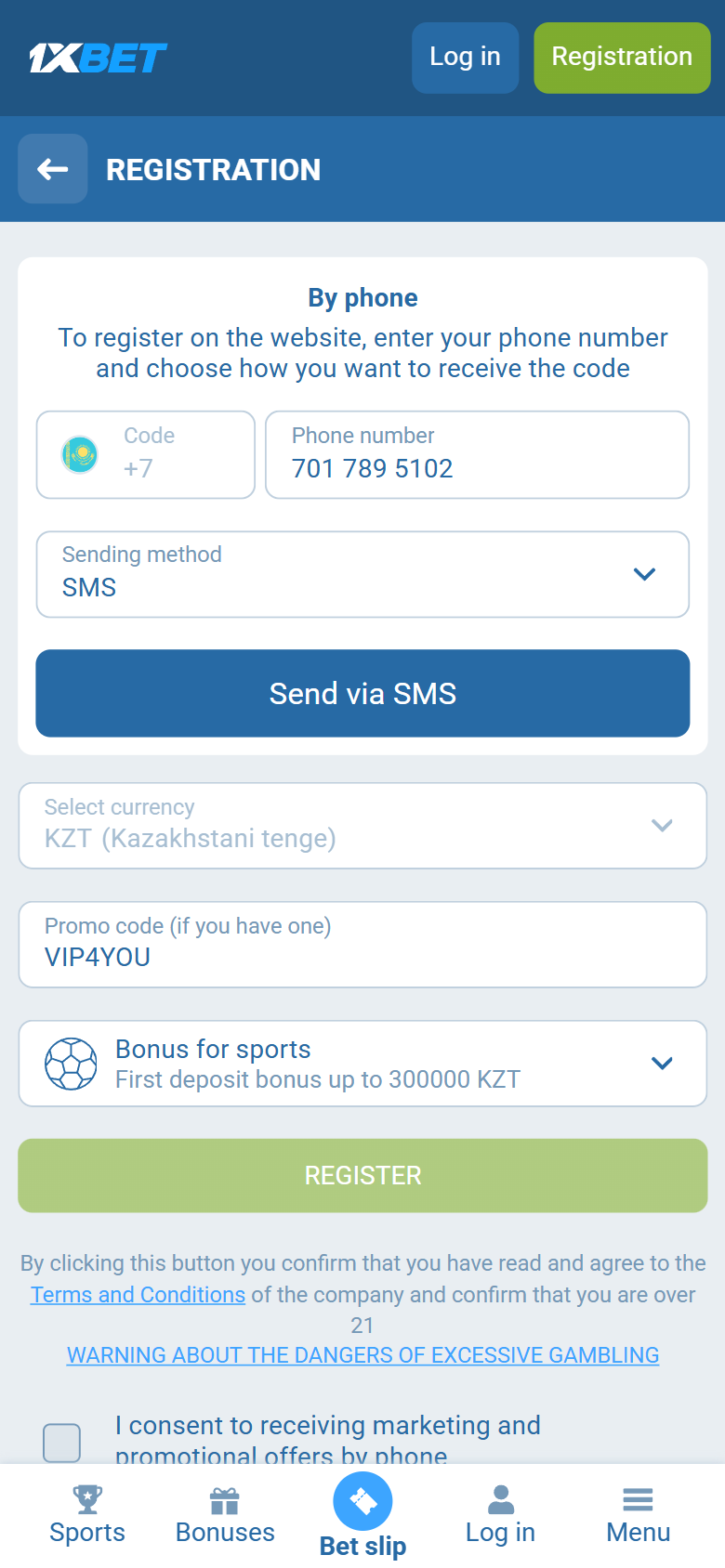 1xBet Kazakhstan registration on 1xbet.kz — By phone +7, KZT, VIP4YOU in the promo box, first deposit bonus up to 300000 KZT, REGISTER, over 21