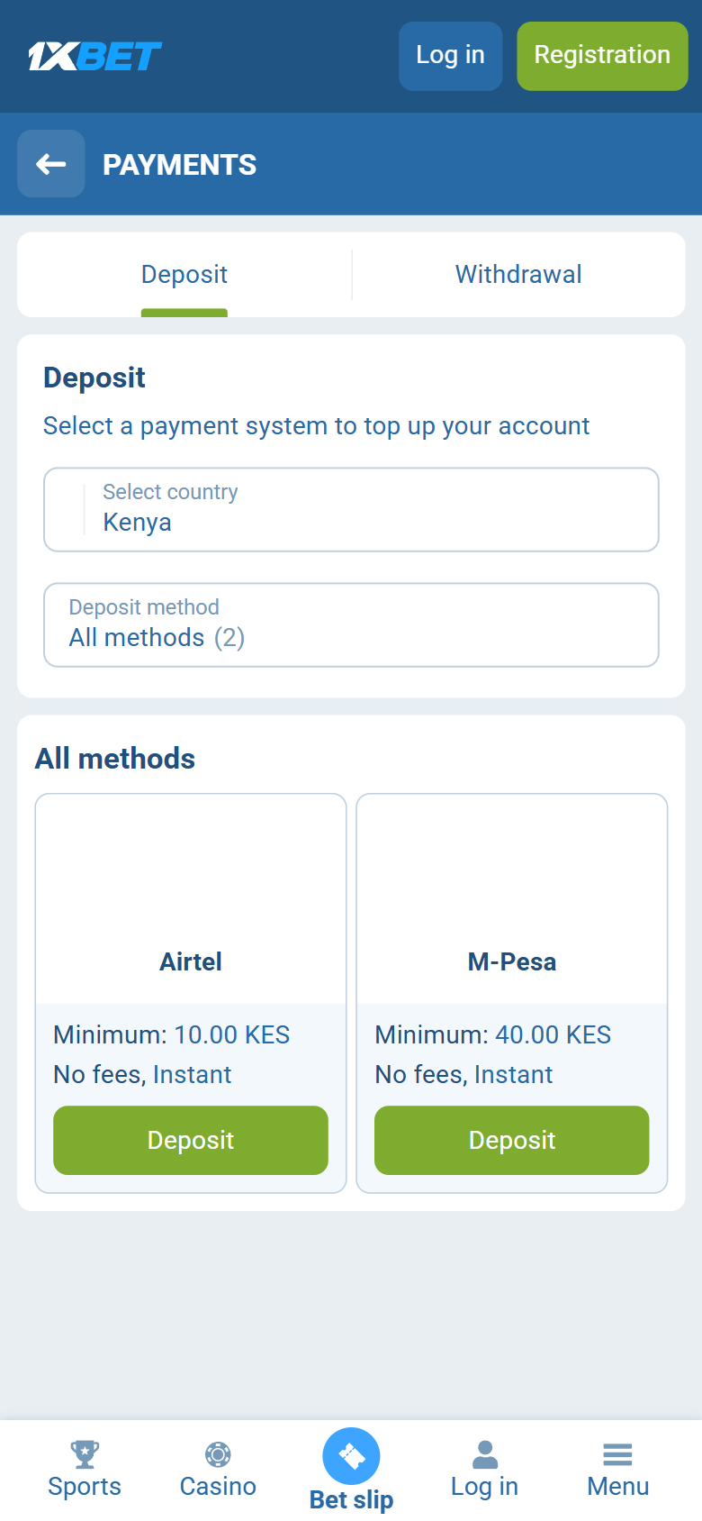 1xBet Kenya deposit — Airtel M-Pesa Kenya 10 KES 40 KES instant no fees