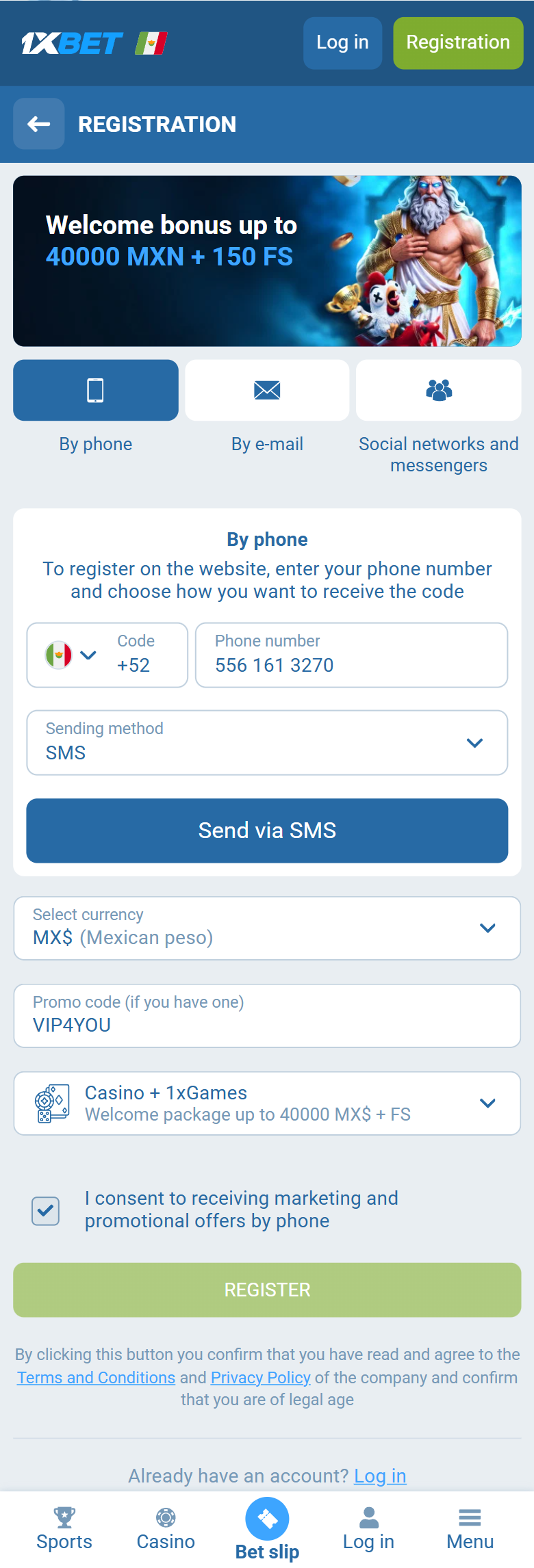 1xBet promo code Mexico VIP4YOU — Mexico registration By phone +52 MXN Casino 1xGames welcome up to 40000 MXN REGISTER