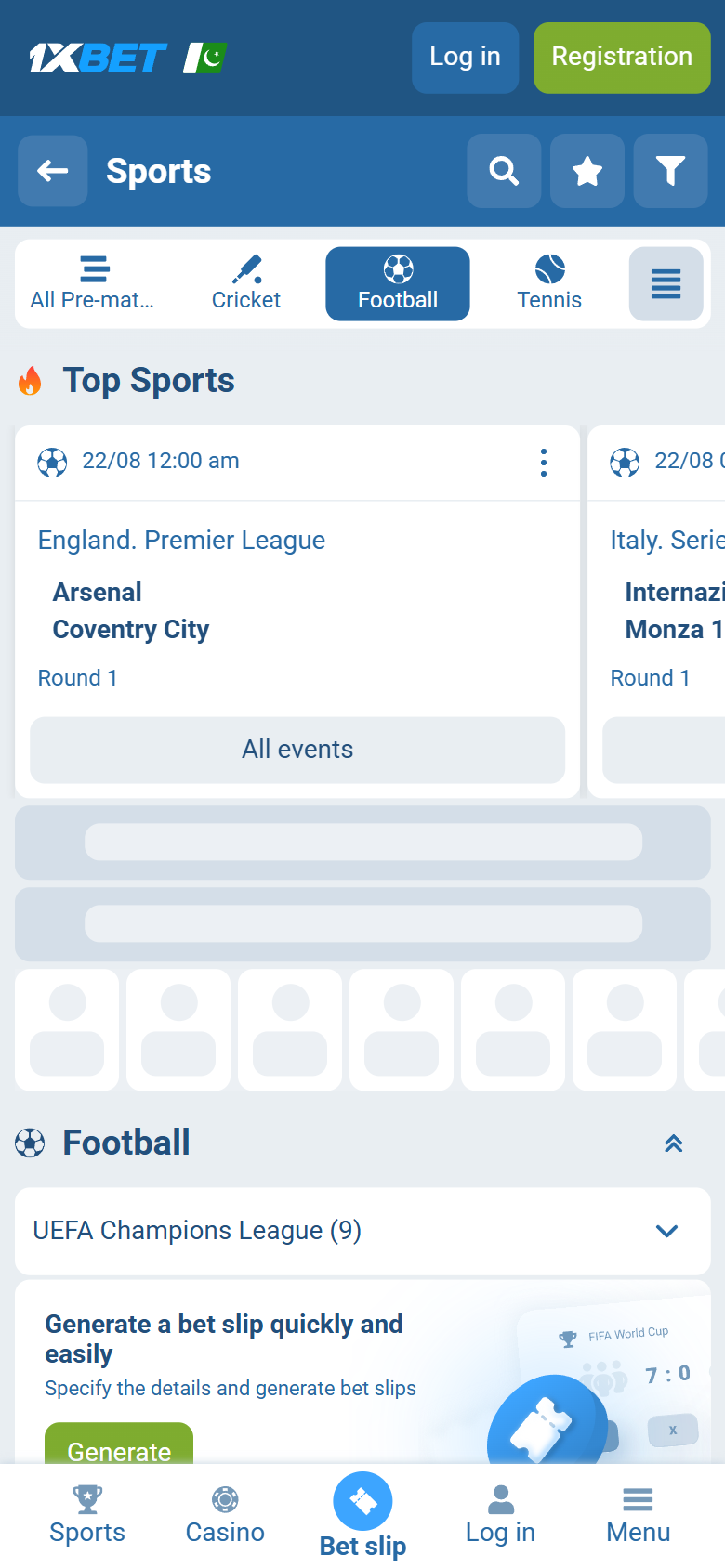 1xBet Pakistan football line pk.1xbet.com — Sports Football Premier League Champions League Top Sports