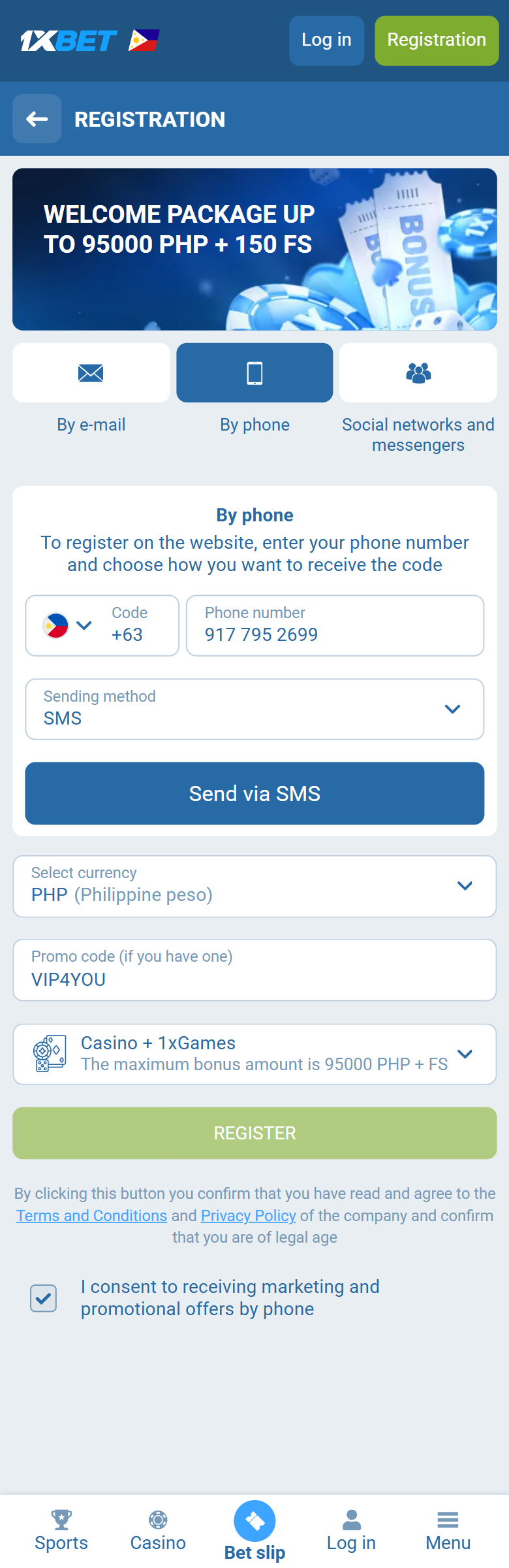 1xBet promo code Philippines VIP4YOU — Philippines registration By phone +63 PHP Casino 1xGames 95000 PHP REGISTER