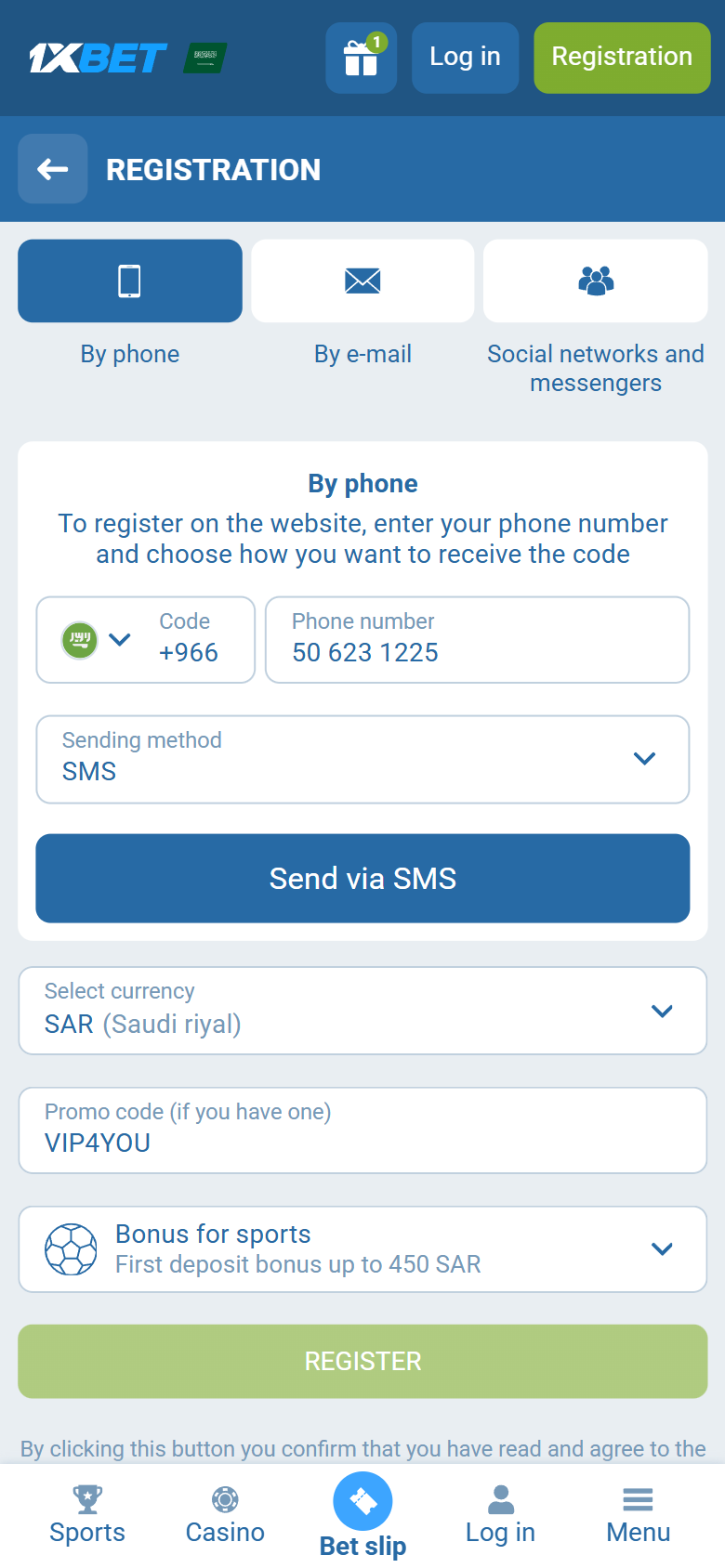 1xBet promo code Saudi Arabia VIP4YOU — Saudi Arabia registration By phone +966 SAR first deposit bonus up to 450 SAR REGISTER