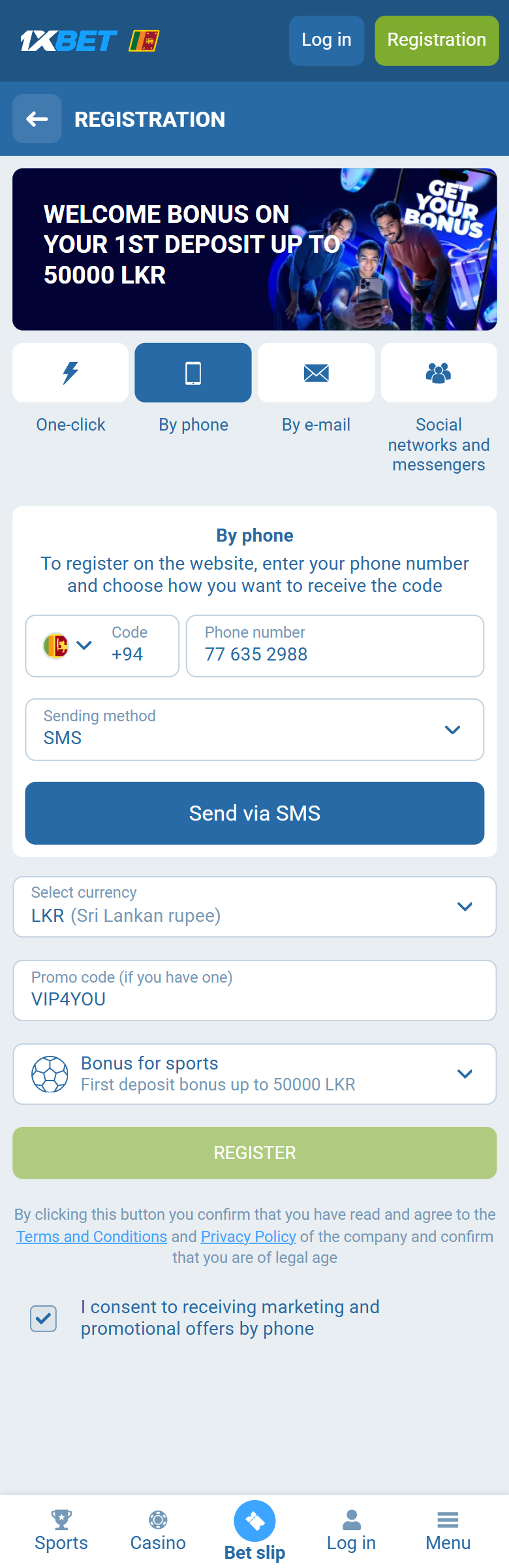 1xBet promo code Sri Lanka VIP4YOU — Sri Lanka registration By phone +94 LKR first deposit bonus up to 50000 LKR REGISTER