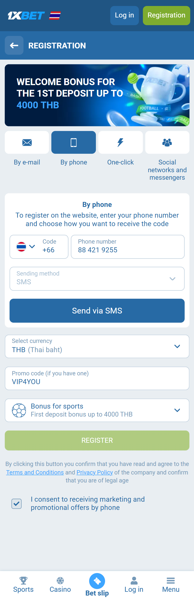 1xBet promo code Thailand VIP4YOU — Thailand registration By phone +66 THB first deposit bonus up to 4000 THB REGISTER