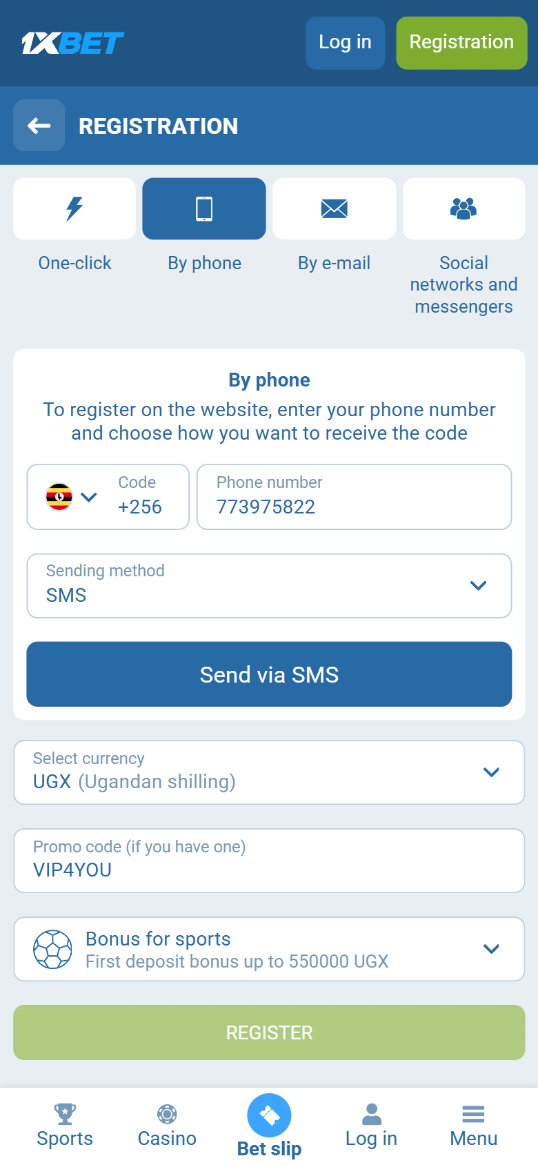 1xBet promo code Uganda VIP4YOU — Uganda registration By phone +256 UGX first deposit bonus up to 550000 UGX REGISTER