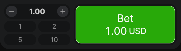 1xBet Aviator bet panel in the betting window: a stake box reading 1.00 with minus and plus buttons, quick-stake chips 1, 2, 5 and 10, and a large green button reading Bet 1.00 USD.