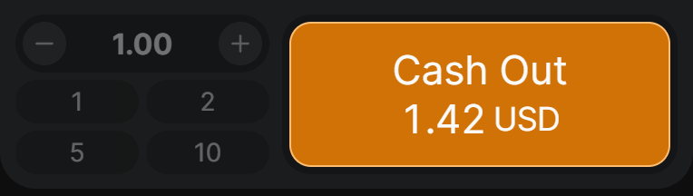 1xBet Aviator bet panel while the round is running: the large button is orange and reads Cash Out 1.42 USD. 1xBet Aviator bet panel while the round is running: the large button is orange and reads Cash Out 1.42 USD.