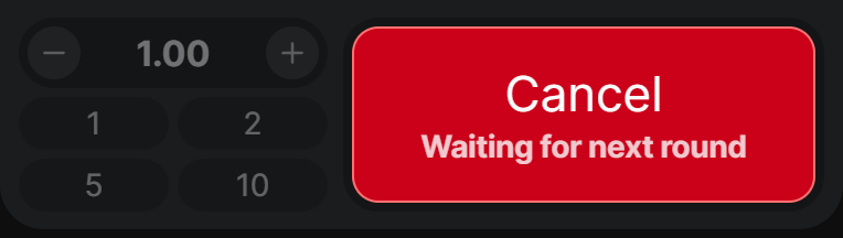 1xBet Aviator bet panel after the stake is placed: the large button is red, reads Cancel, and carries the line Waiting for next round. 1xBet Aviator bet panel after the stake is placed: the large button is red, reads Cancel, and carries the line Waiting for next round.